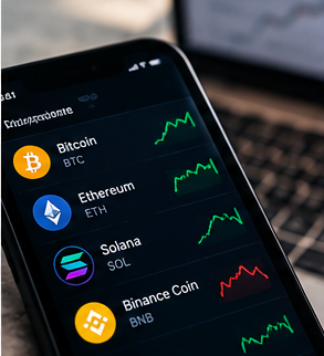 Portada de la guía de conceptos cripto: la pantalla de un móvil muestra los precios de Bitcoin, Ethereum, Solana y Binance Coin con sus gráficas