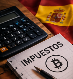 Portada de la guía fiscal: bloc de notas con la palabra «Impuestos» y un símbolo de Bitcoin, junto a una calculadora y la bandera de España